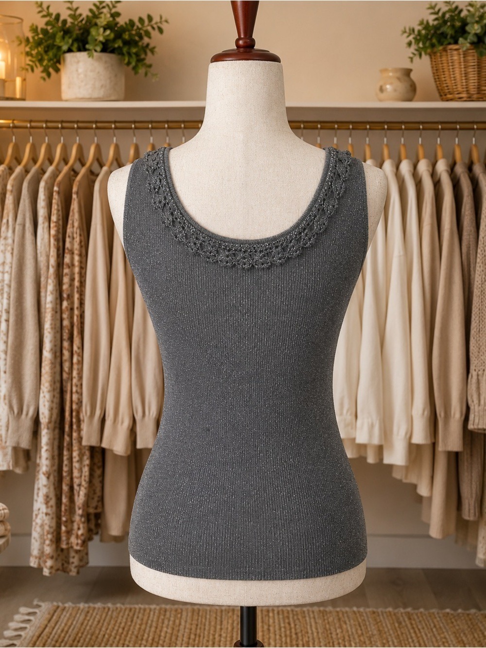 Beaded Scoop Neck Gray Knit Tank Top - Picture 2 of 6